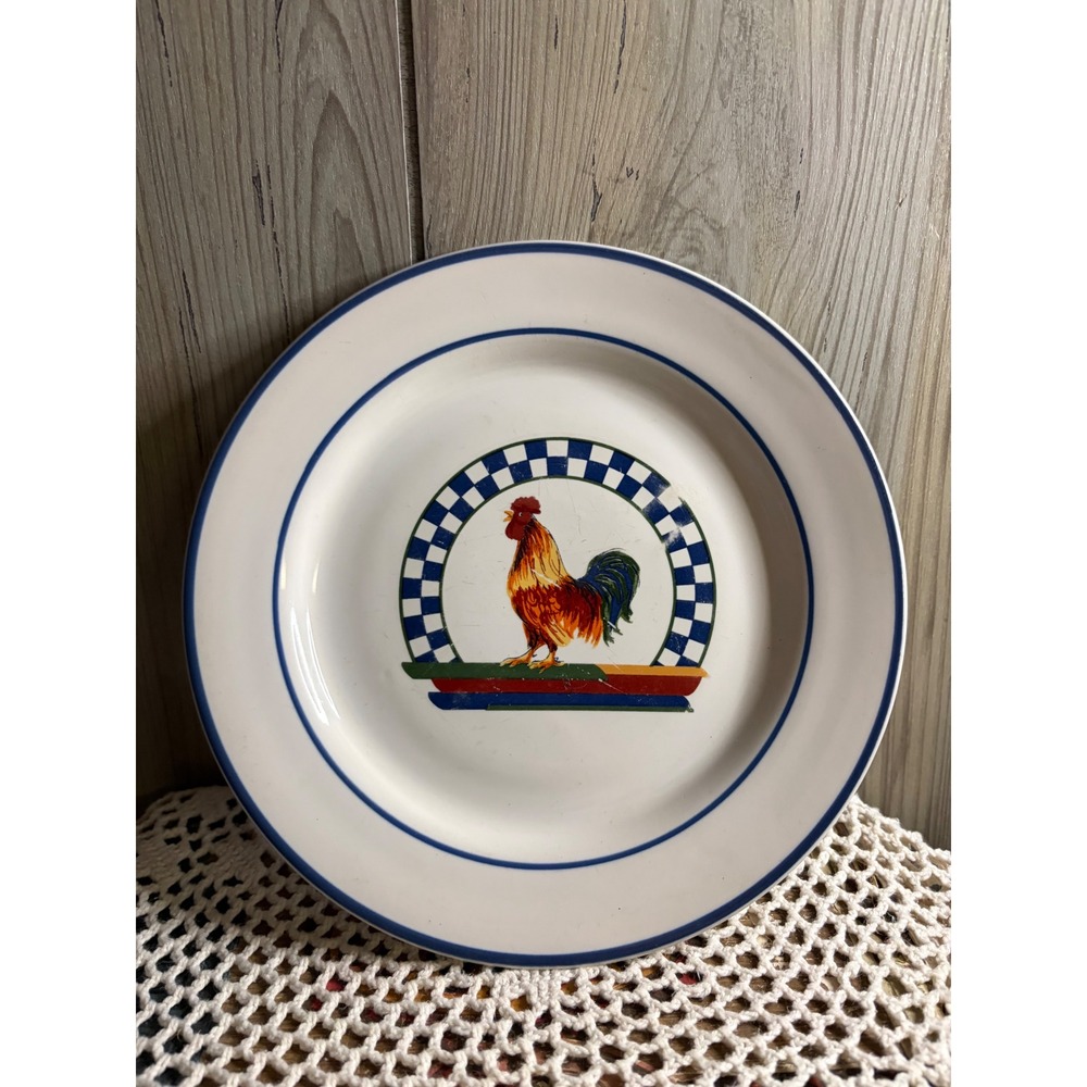Century Stoneware Rooster Salad Plate Blue Checkered Farmhouse Thailand 7.5 in